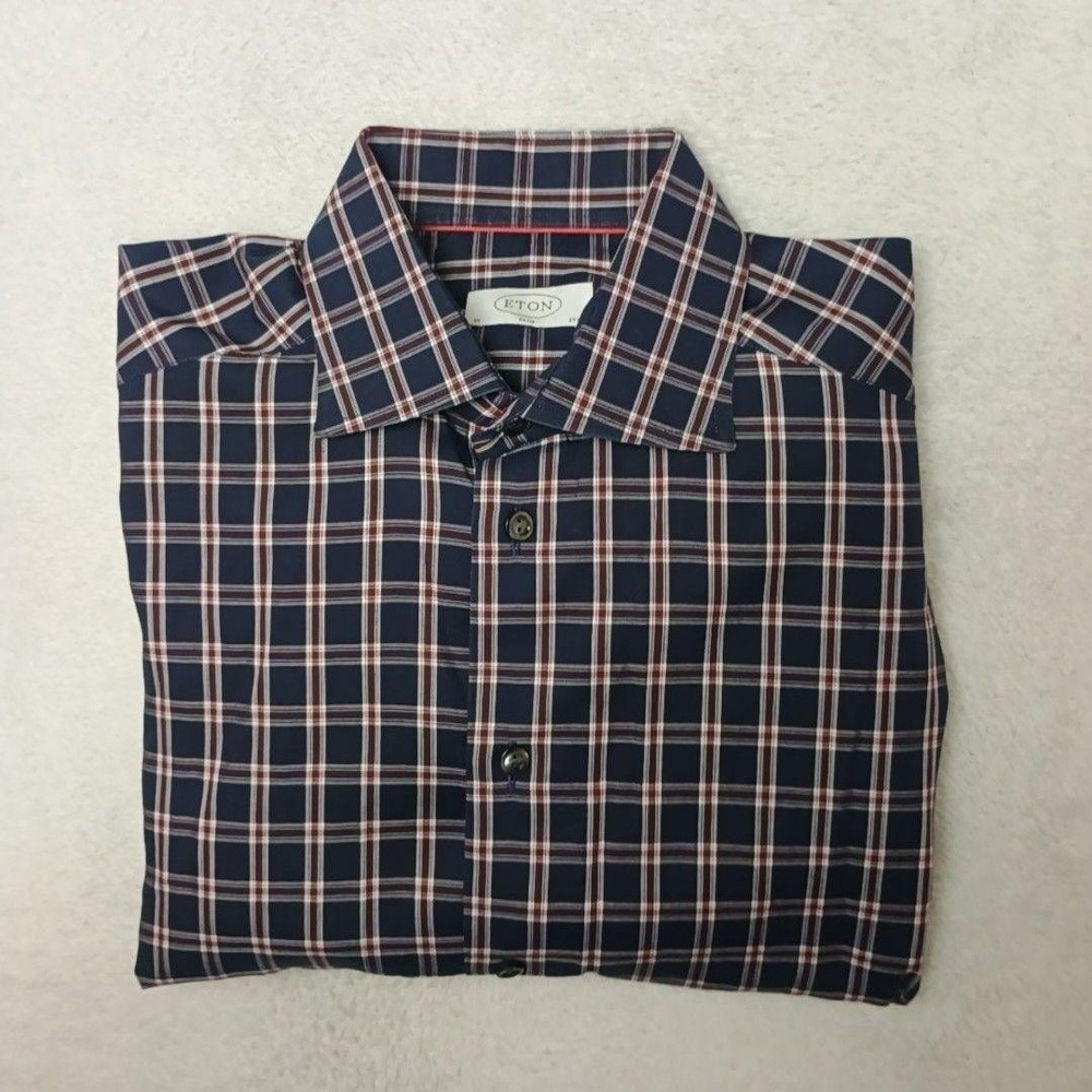 Eton Shirt Mens 15.5 Blue Plaid Button-Up Slim Fit Collared Long Sleeve Business